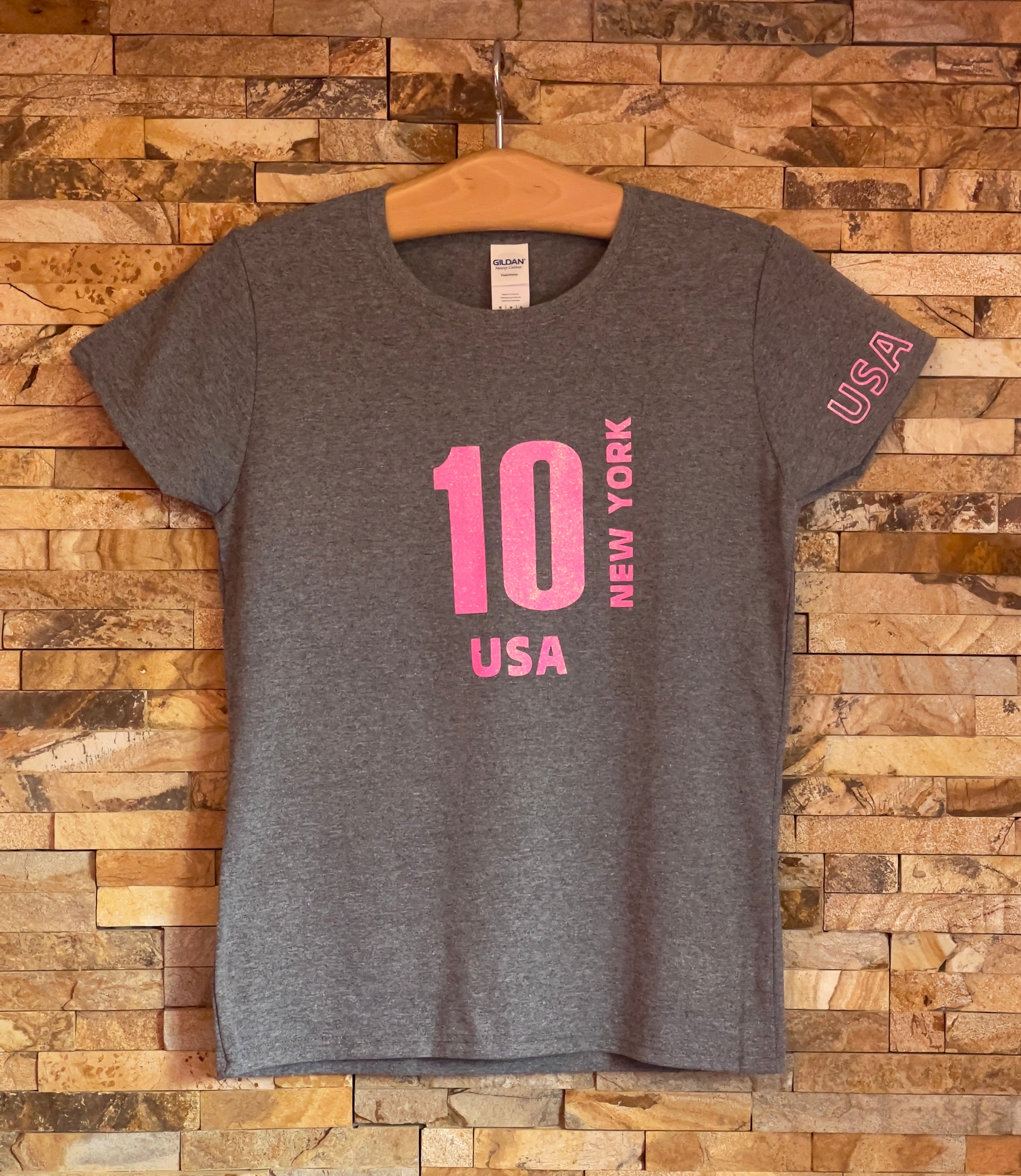 10 USA T-Shirt with Pink Glitter Vinyl Logo - Women