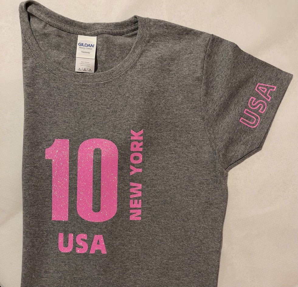 10 USA T-Shirt with Pink Glitter Vinyl Logo - Women