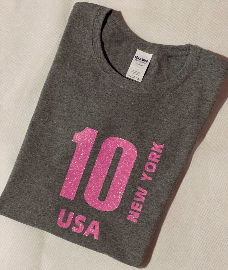 10 USA T-Shirt with Pink Glitter Vinyl Logo - Women