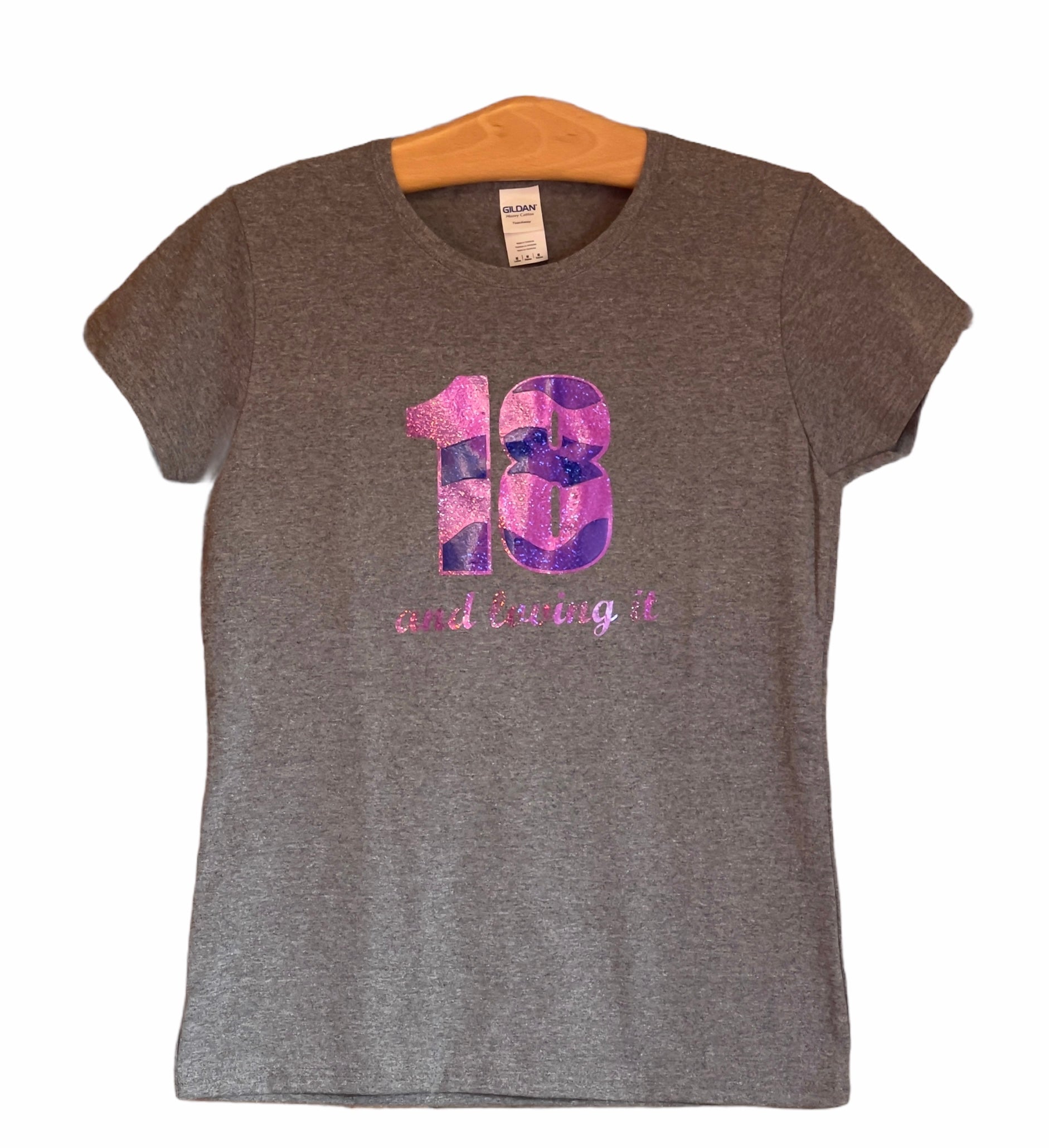 18 AND LOVING IT T-Shirt with Pink and Purple Vinyl Logo - Women