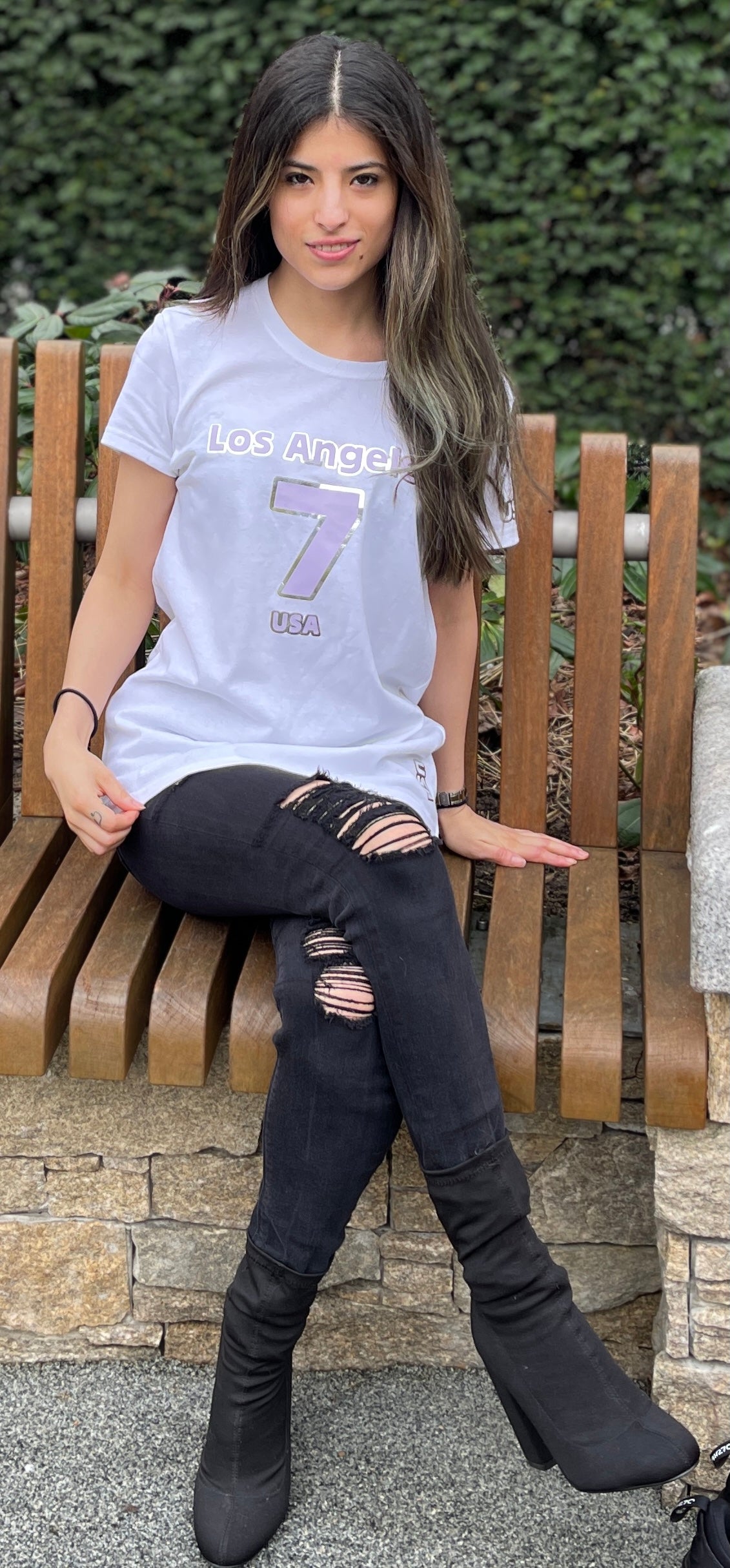 LOS ANGELES 7 USA Lilac and Silver Metallic Vinyl Logo T-Shirt - Women