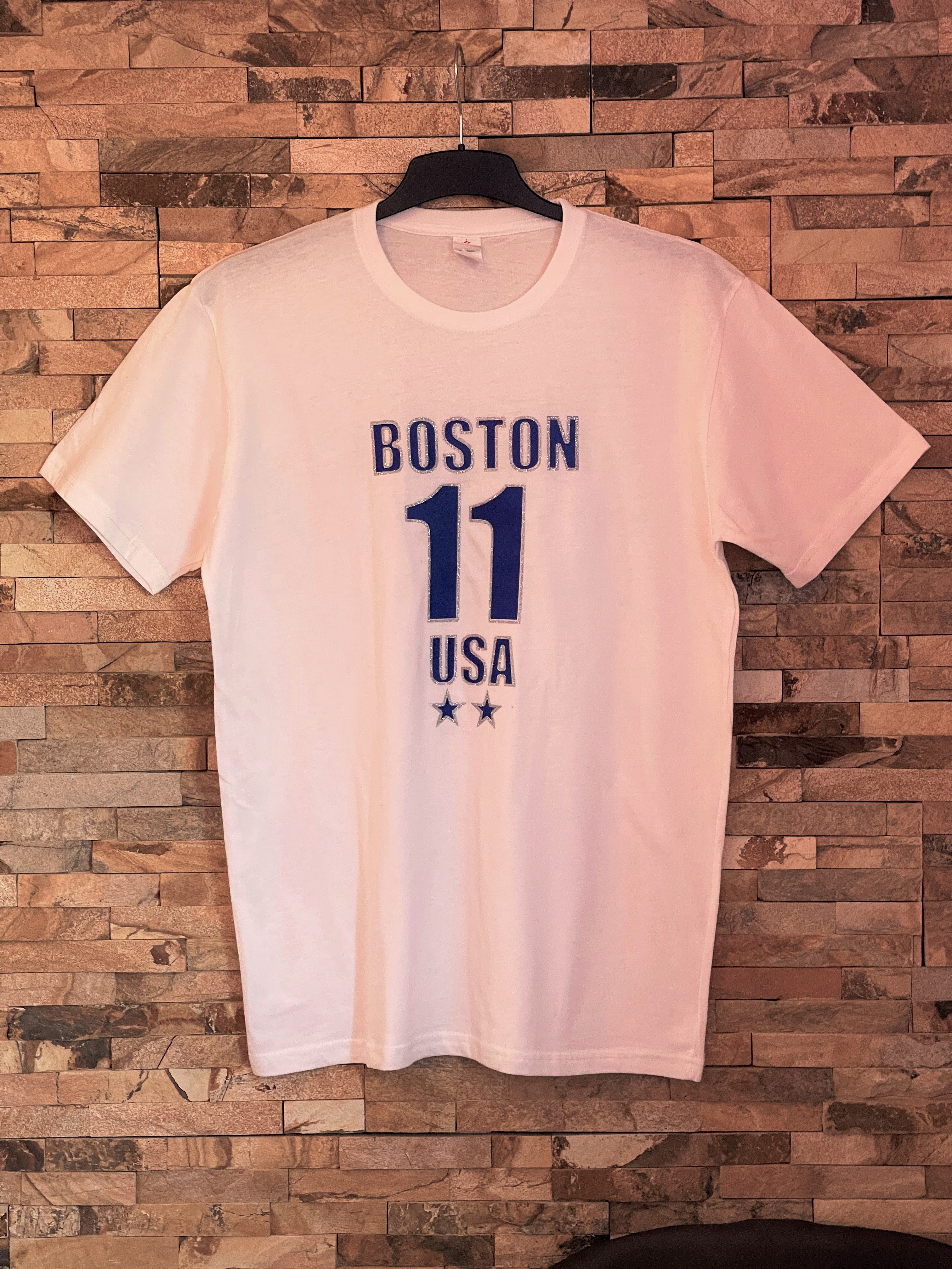 BOSTON - 11 - USA Blue logo with silver glitter T-Shirt - Men