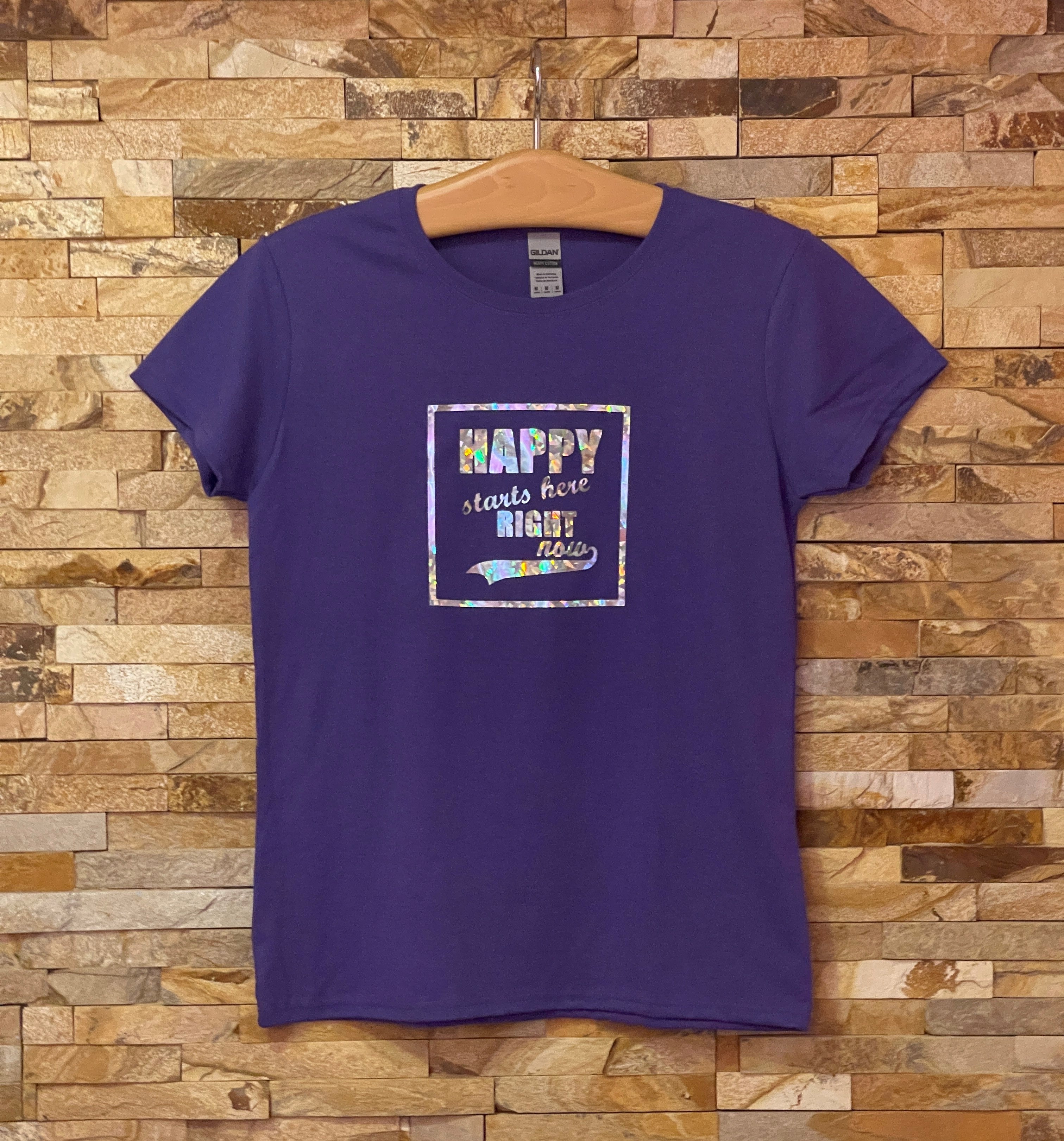 HAPPY STARTS HERE RIGHT NOW Holographic Logo T-Shirt - Women