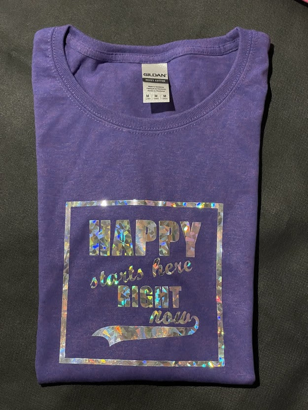 HAPPY STARTS HERE RIGHT NOW Holographic Logo T-Shirt - Women