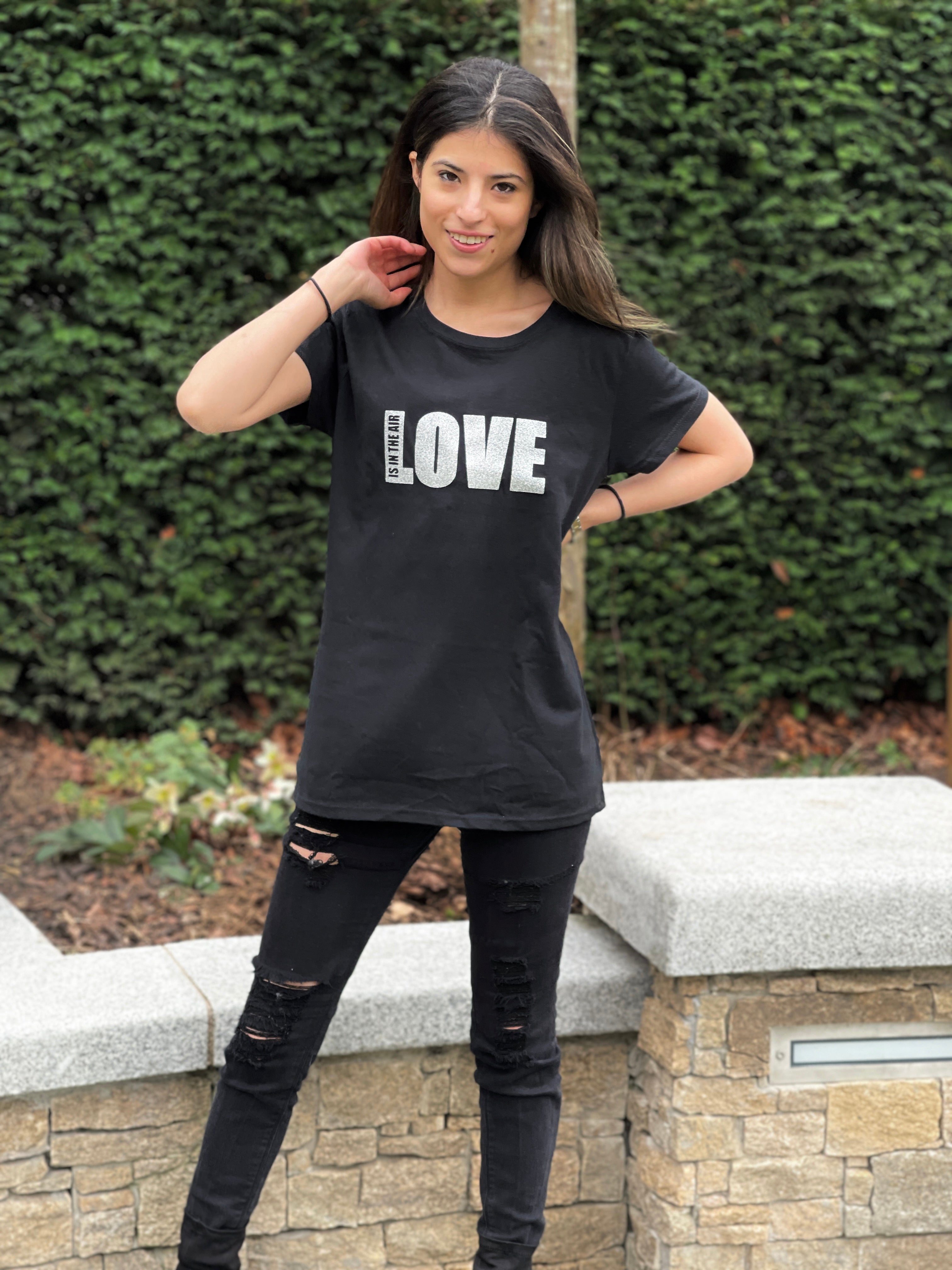 LOVE IS IN THE AIR Silver Glitter Vinyl Logo T-shirt with cutout detail - Girls