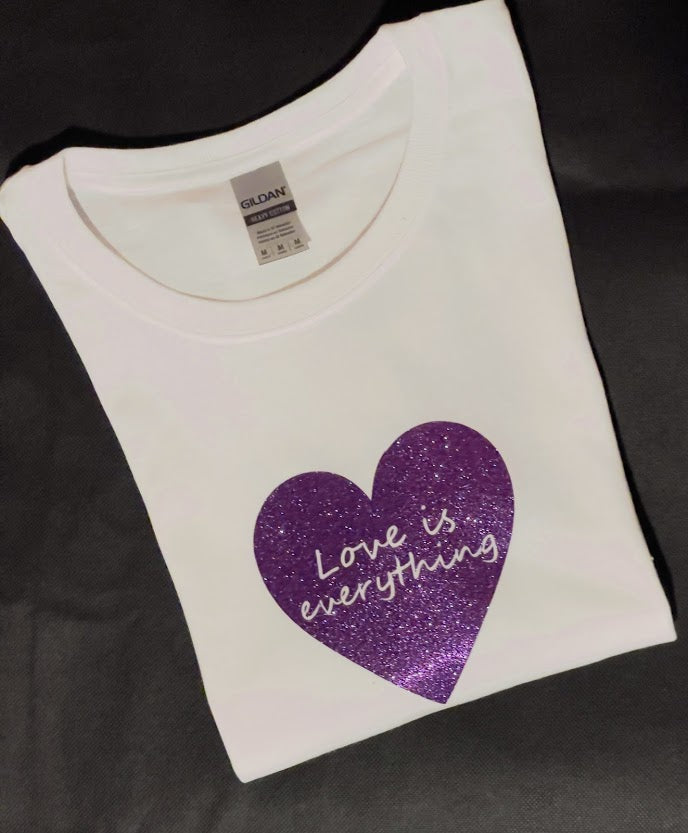 LOVE IS EVERYTHING Purple Glitter cutout logo T-Shirt - Women