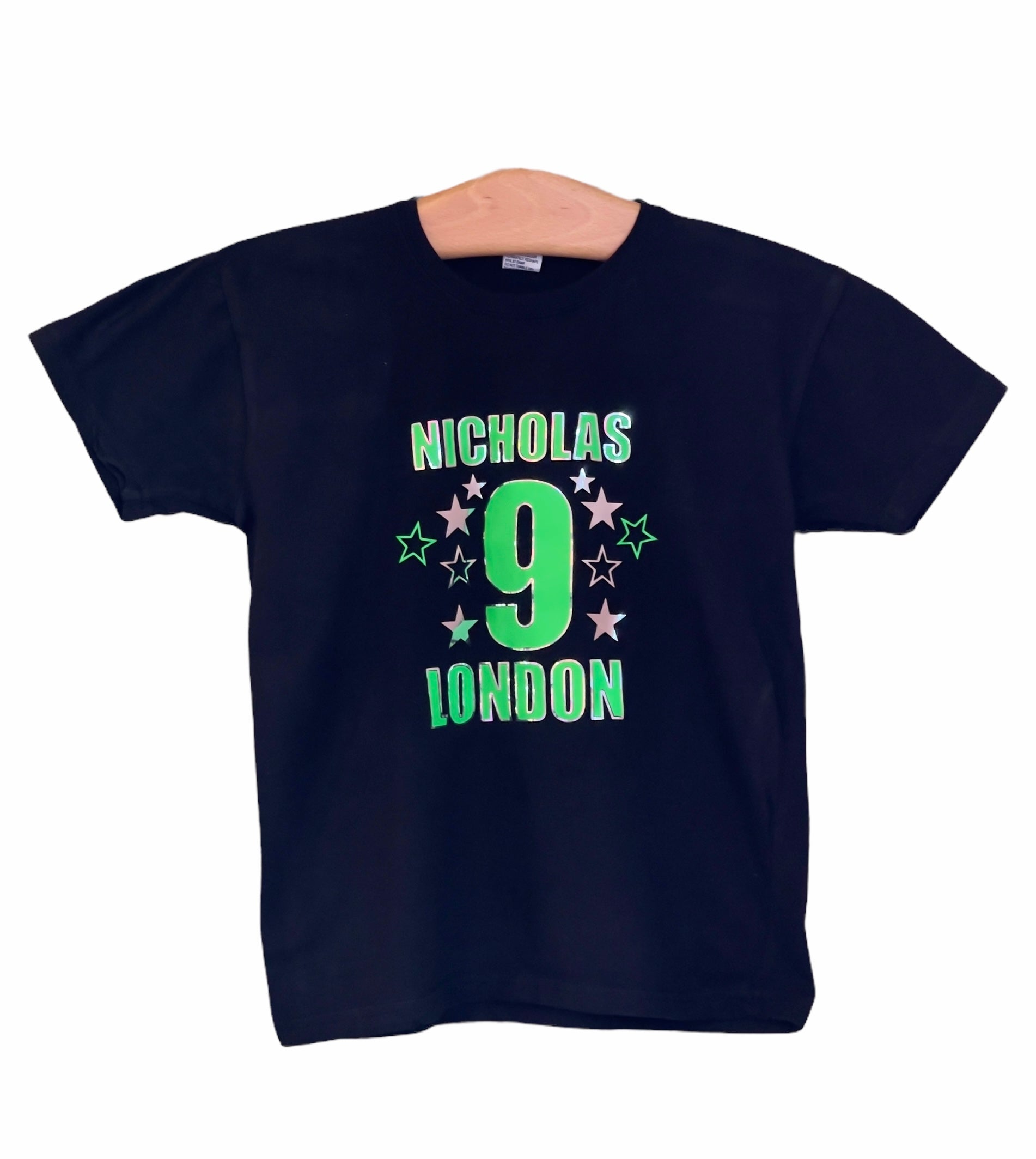 PERSONALISED T-SHIRT with metallic outline with green vinyl text on logo T-Shirt - Kids