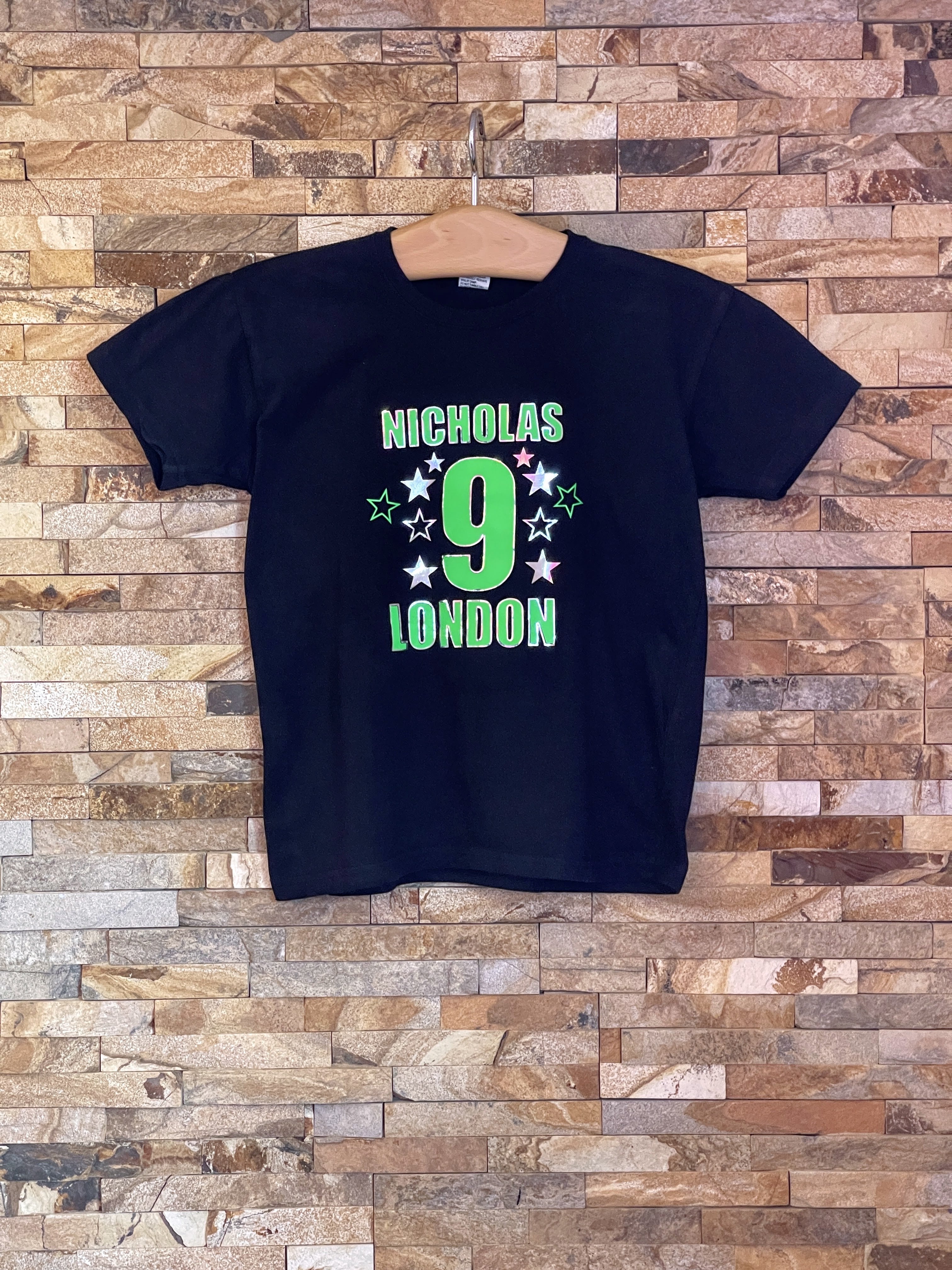 PERSONALISED T-SHIRT with metallic outline with green vinyl text on logo T-Shirt - Kids