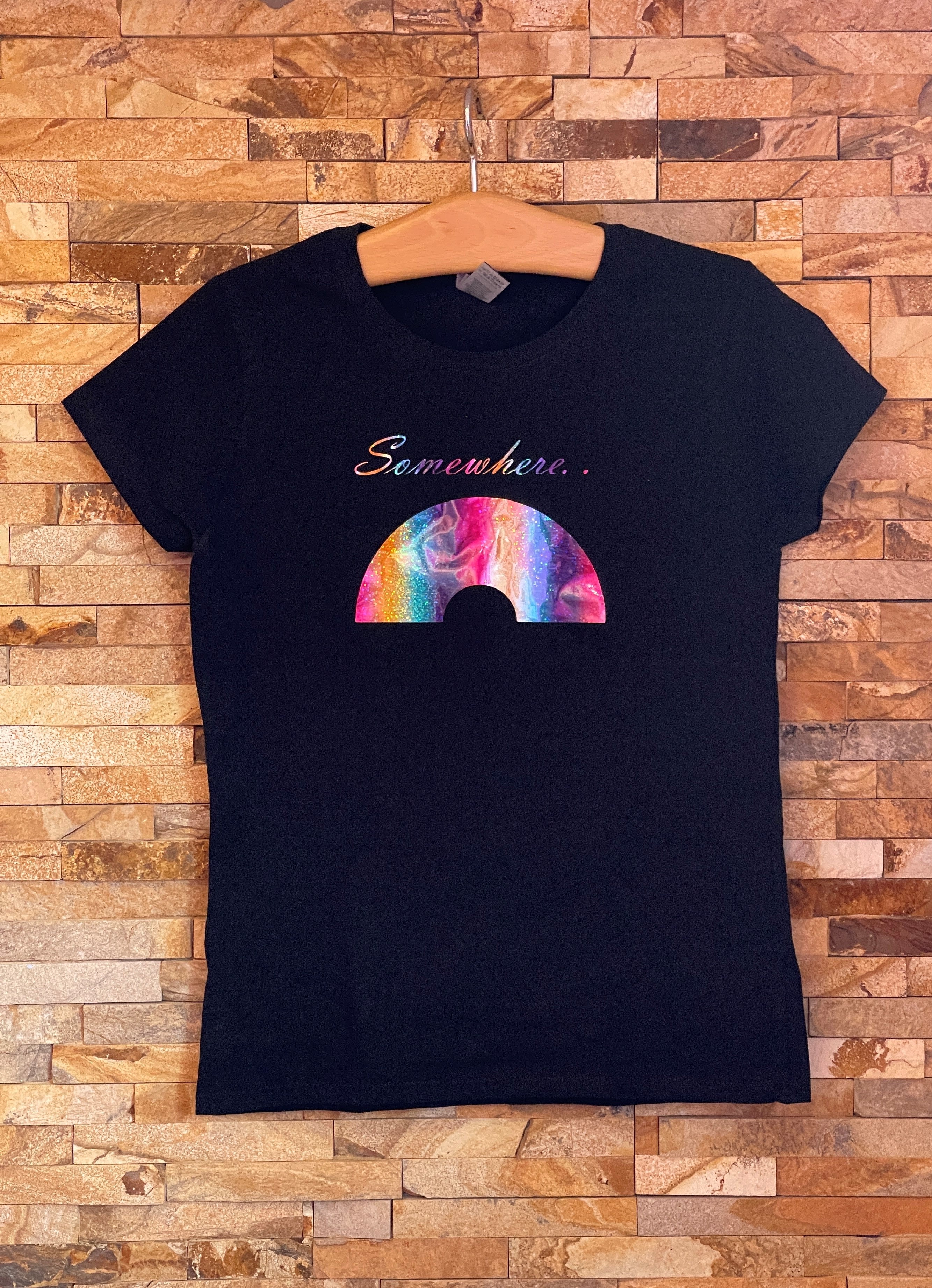 SOMEWHERE... with rainbow image holographic T-Shirt - Girls