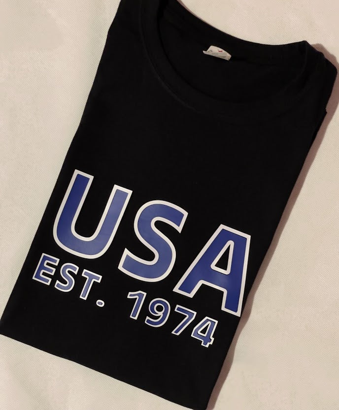 USA Est 1974 White and Blue Logo T-Shirt - Kids